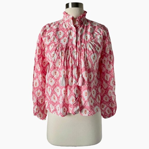Marea Georgia Top XS Golden Hour Pink Print Cotton Tassel Tie Ruffle Blouse - Picture 4 of 9